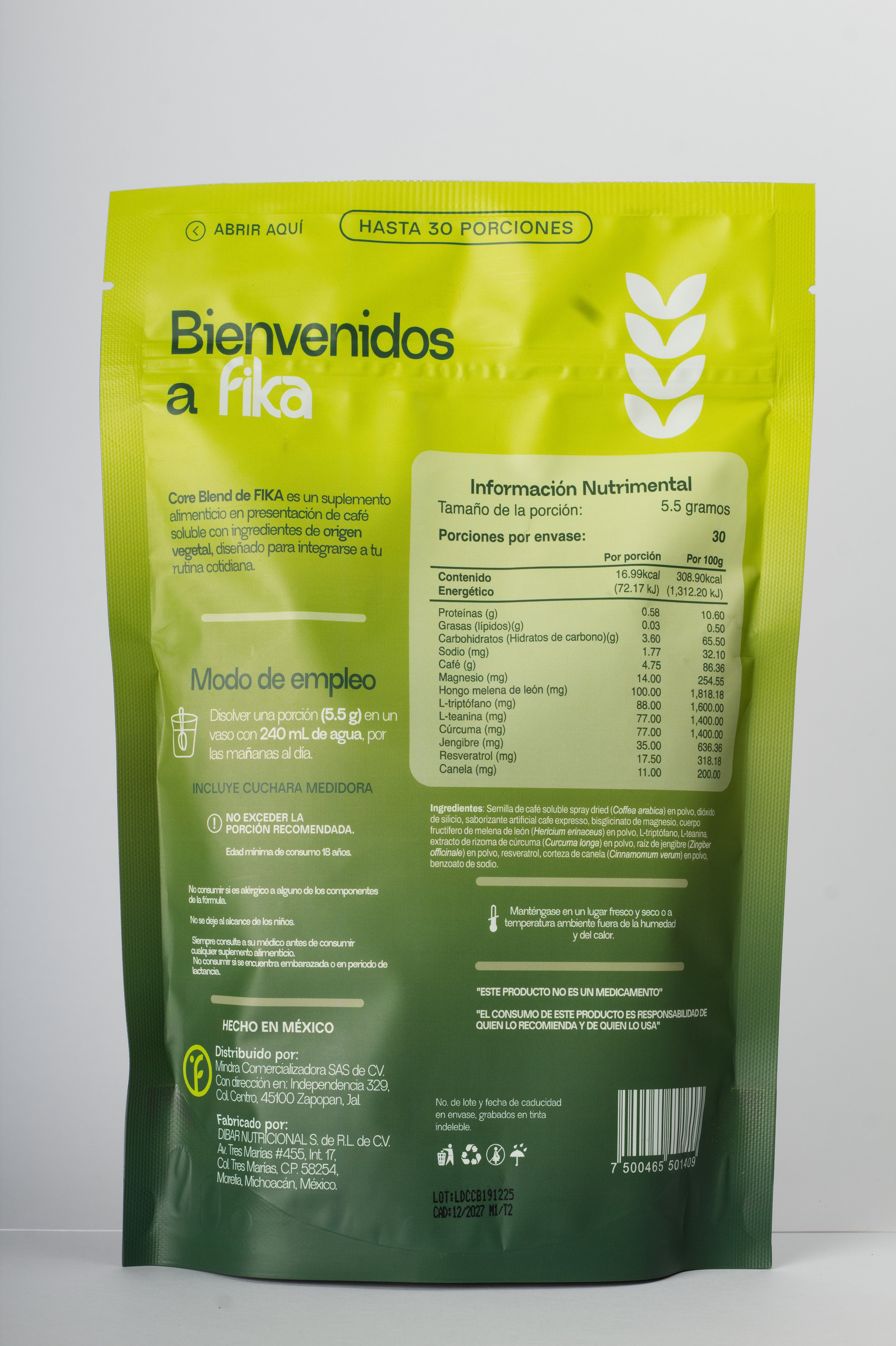 Bolsa Fika Core Blend 165g por detrás — suplemento de café con melena de león